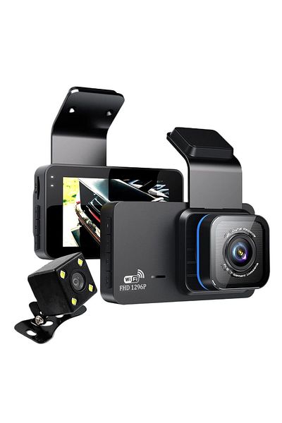 Vichema Tech Cameră auto DVR, Wi-Fi, Full HD 1296P, Vichema®, față și spate, ecran IPS de 3 inch, vedere nocturnă