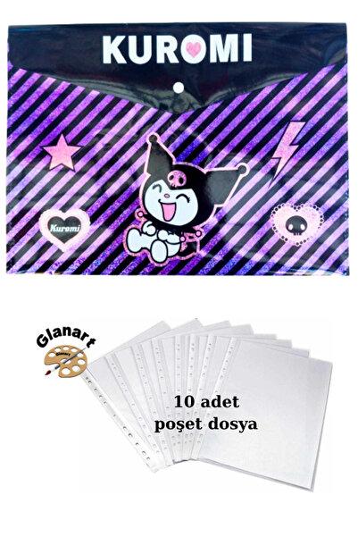 Glanart a4 boy çıt çıt ödev dosyası +10' lu poşet dosya kuromi mor