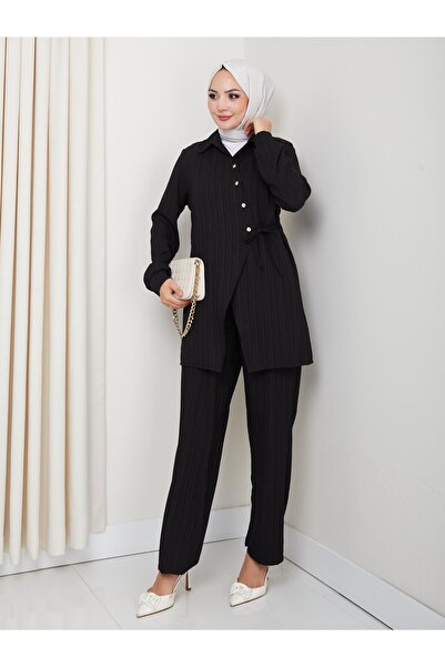 Hb Harma Time Butik Women's Belted Buttoned Strawberry Fabric Black Double Suit