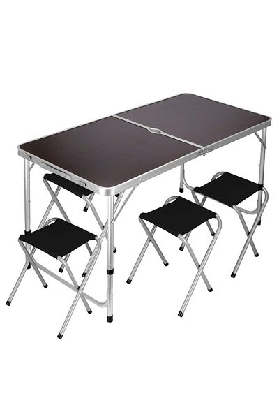 SERSIMO Set masa camping pliabila blat MDF cu 4 scaune, 120x60x60/70cm, Maro Negru