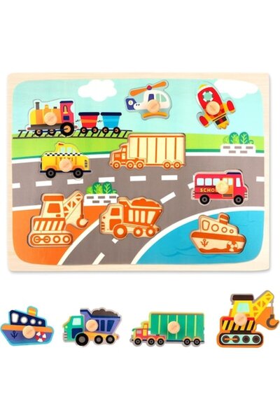 CLICK Puzzle Montessori din Lemn pentru Copii, 0-3 Ani, 3D, Model Transporturi, Educativ, Intuitiv, Creati