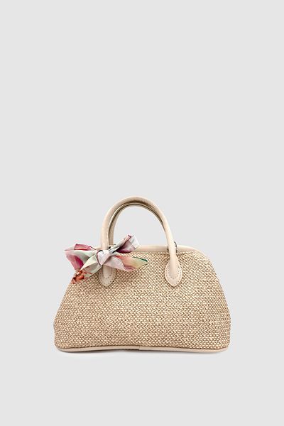 Wuclo Peyli Scarf Detailed Cross Strap Straw Handbag Cream