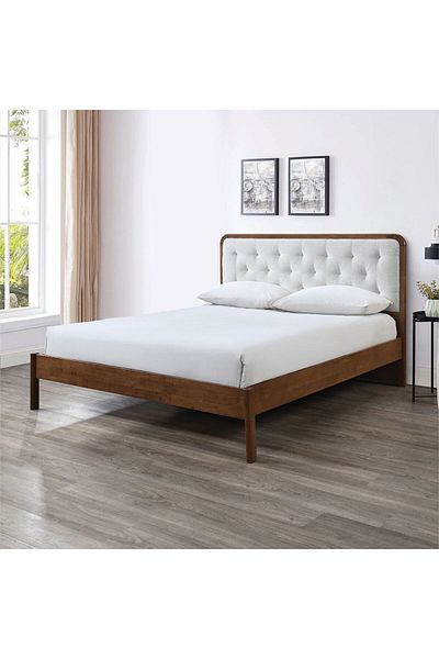 Danube Home Derby Melrose 160x200 Solid Wood Queen Bed with Upholstered Headboard - Brown+Beige L209xW183xH120cm