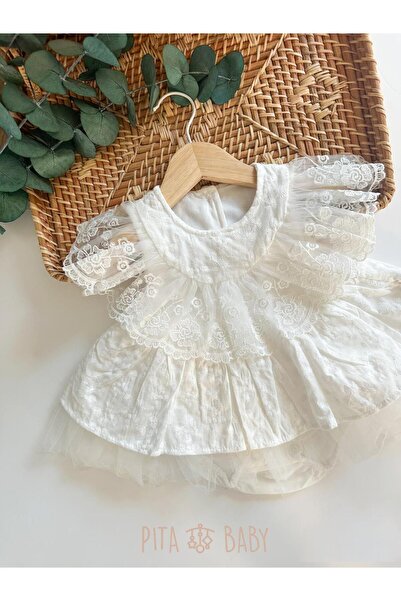 PİTABABY Dantel İşlemeli Fırfırlı Beyaz Tül Bebek Elbisesi | 0-12 Ay