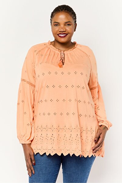 Ralph Lauren Lauren by Women Plus Size Tie Neck Long Sleeve Eyelet Blouse, Coral