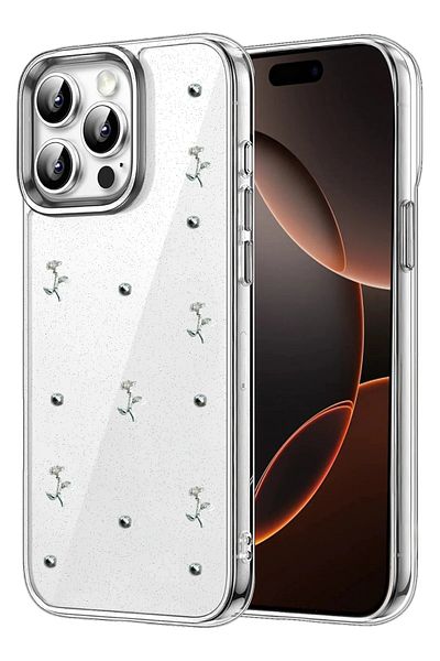 m.tk moveteck حافظة متوافقة مع هاتف iPhone 15 Pro Max، غطاء لامع منقوش بفيونكة شفافة من الإيبوكسي الفضي للكاميرا