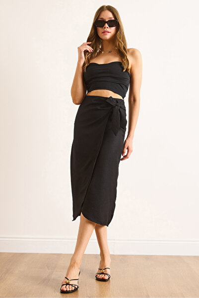 Olalook Women's Black Tie Detail Wrapped Midi Linen Skirt Etk-19000342