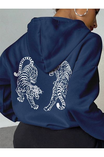 StartMore Navy Blue Unisex Men/Women Tiger Colorful Custom Printed Cotton Oversize Hoodie