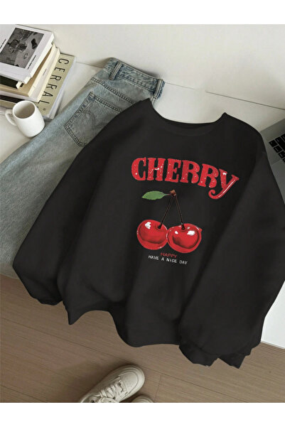 StartMore Black Unisex Men/Women Cherry Custom Color Oversize Crew Neck Cotton