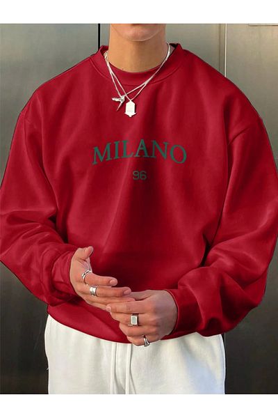 StartMore Red Unisex Women/Men Detailed Milano Special Printed Colorful Oversize Crew Neck Cotton