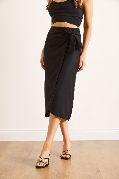 Olalook Women's Black Tie Detail Wrapped Midi Linen Skirt Etk-19000342