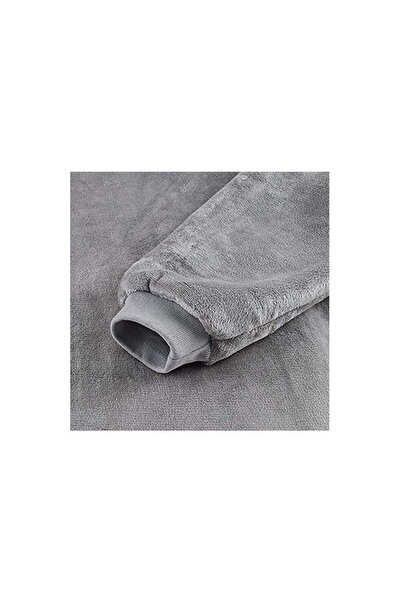 FOXMAG24 Blanket with sleeves and hood, front pocket, padded plush, ultra-light and warm, polyester, gray