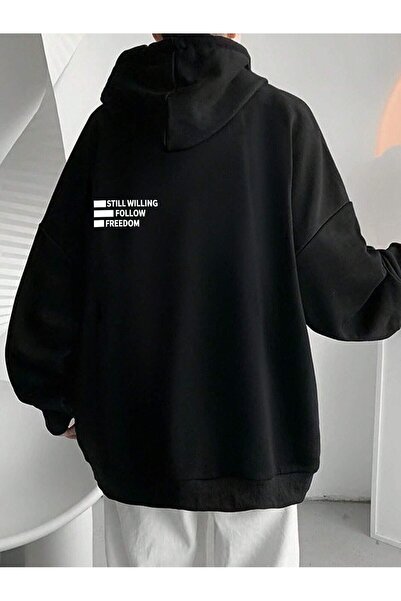 StartMore Black Unisex Black Freedom Follow Printed Oversize Hoodie