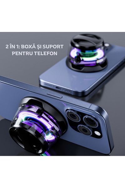 Razo Razo mini portable Bluetooth speaker, MagSafe mount, magnetic ring, phone holder, RGB lights, Black