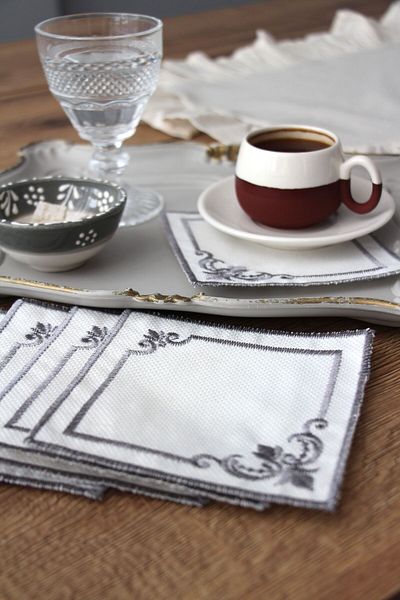 DDHOME Priză pentru cafea pentru cocktail, 6 bucăți, cu broderie, prezentator de gardenie