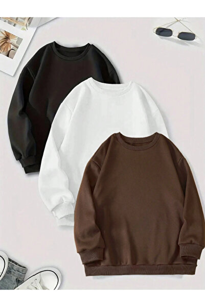 StartMore Siyah 3'Lü Unisex Basic Düz Kalın Sweatshirt Oversize Bisiklet Yaka...