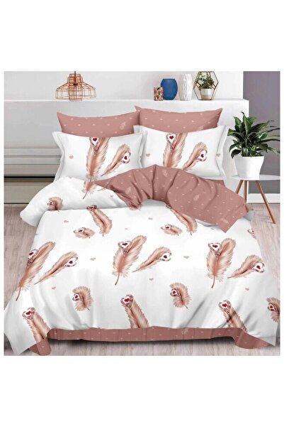 OEM Lenjerie pat dublu, 6 piese, 2 persoane, 180x200cm, Finet Satinat, Imprimeu Pene, Alb-Bej