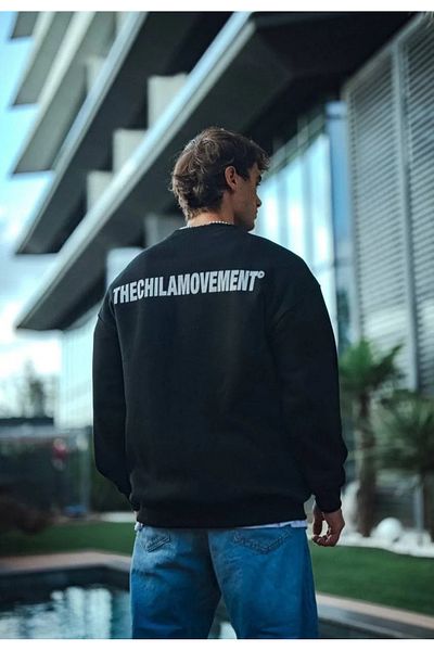 MODAVERA Winter Crew Neck Oversize Printed Sweatshirt - Black