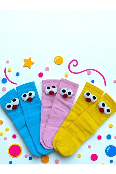 MODA 3 Pack Blue, Yellow, Pink Fun Socks with Wheel Eyes
