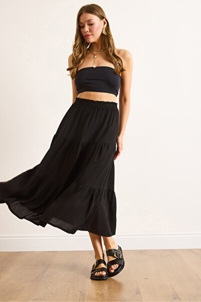 Olalook Women's Black Layered Draped Midi Woven Skirt Etk-19000313