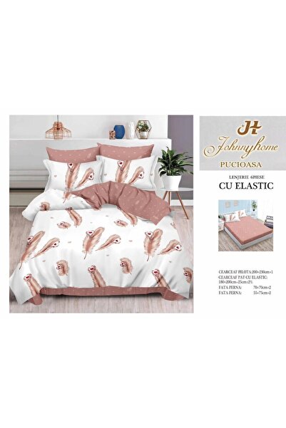 OEM Lenjerie pat dublu, 6 piese, 2 persoane, 180x200cm, Finet Satinat, Imprimeu Pene, Alb-Bej