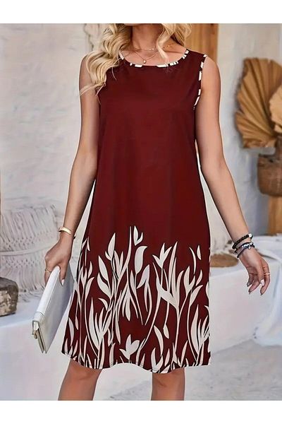 Viyamo Rochie de scafandru cu model de frunze pentru femei, cu bretele, gât rotund, sezon nou