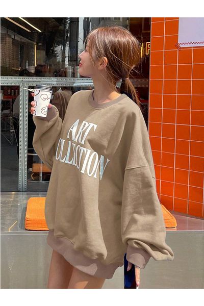 StartMore Brown Women's Art Collection Daisy Special Colored Oversize Crew Neck Cotton