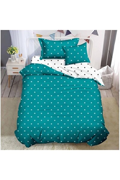 Pucioasa Lenjerie de Pat, Cearsaf cu Elastic, Finet, 1 persoana, 140x200cm, Imprimeu Stelute, Alb-Turcoaz