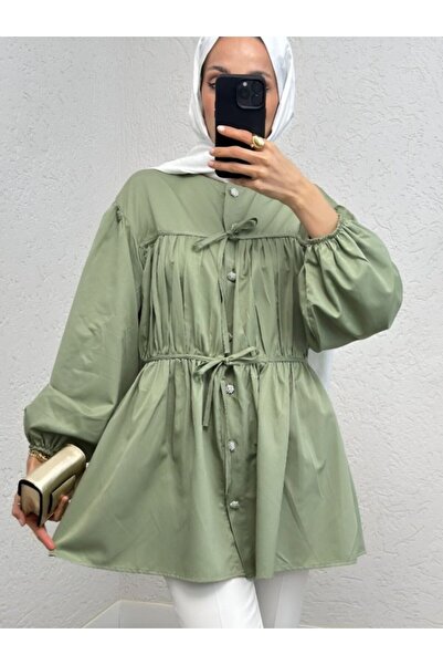 Moda Ebrar Stone Buttoned Sleeve Elastic Tie Detailed Shirt - Water Green