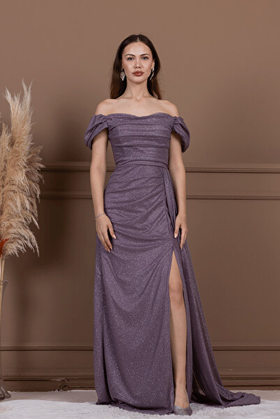 BEYBOS Simli Kumaş Büzgü Detaylı Balık Abiye Elbise - PEMBE