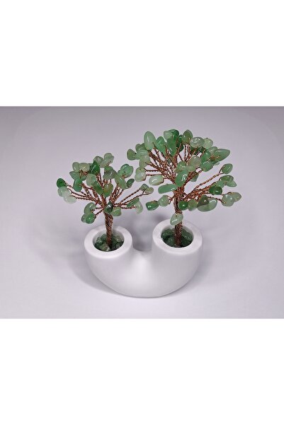 DNC Şifalı Doğal Aventurin Taşlı Şans Ağacı Alçı İkili Vazo (Şans Pozitif enerji