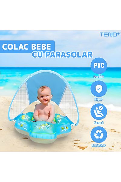 Teno Teno® Baby Swim Ring with Sunshade, tummy support, pump included, blue