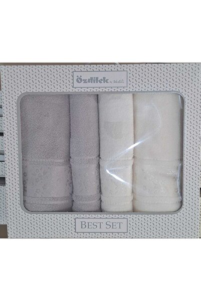 Özdilek Camellia Best Set Gray Cream Bath Set 2 Towels + 2 Beach Towels
