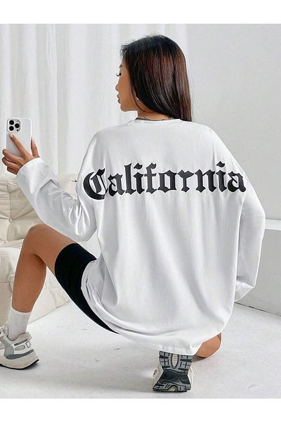 StartMore White White Women's California Custom Back Printed Oversize Crew Neck