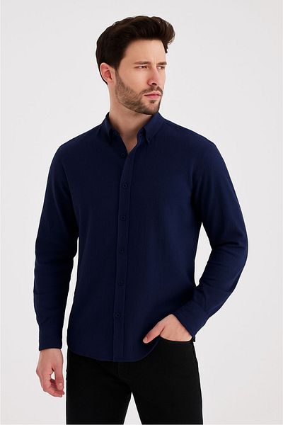 macharel jeans قميص رجالي بأزرار وياقة من الموسلين وأكمام طويلة