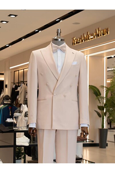 TerziAdemAltun Italian Style Double-Breasted Jacket Pants Suit Beige T14197
