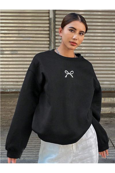 StartMore Black Unisex Men/Women's Ribbon Special Colored Oversize Crew Neck Cotton