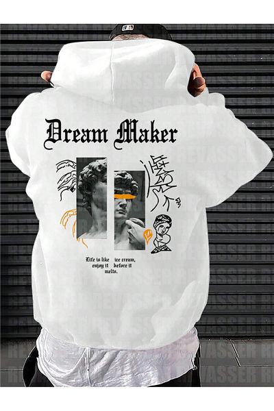 StartMore White Unisex the Dream Your Life Printed Oversize Loose Cut Hoodie