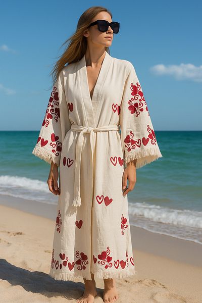 LaraLisa 4 Layers Natural Muslin Cotton Fabric Chemical Treatment Unprocessed Hand Printed Kaftan Kimono Peshtemal Bathrobe
