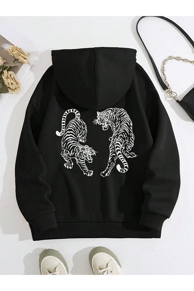 StartMore Black Unisex Men/Women Tiger Colorful Custom Printed Cotton Oversize Hoodie