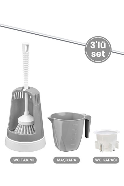 Flora 3’lü WC Tuvalet Temzilk Seti, Klasik WC Fırça Takımı + Maşrapa 1,5 Lt + Sessiz WC Kapağı Seti GRİ