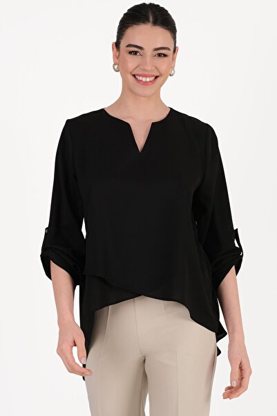Spazio Orienzo Yakasız V Asimetrik Kesim Katlamalı Kol Bluz SİYAH