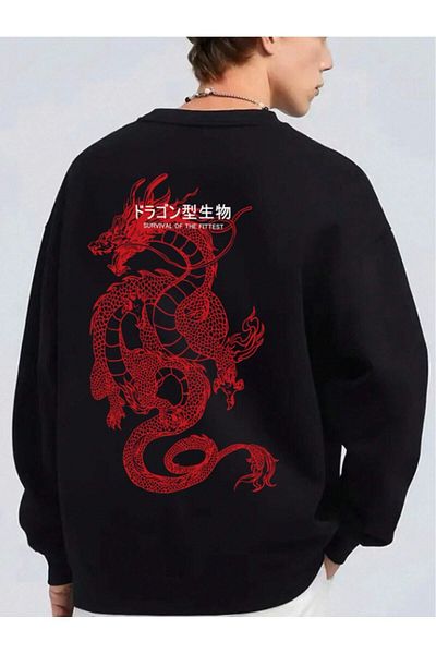 StartMore Black Unisex Women/Men Black Dragon Oversize Crew Neck Cotton