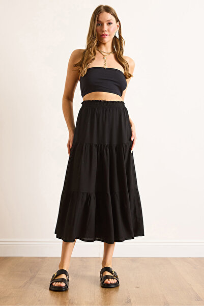 Olalook Women's Black Layered Draped Midi Woven Skirt Etk-19000313