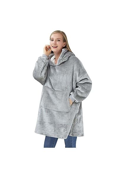 FOXMAG24 Blanket with sleeves and hood, front pocket, padded plush, ultra-light and warm, polyester, gray