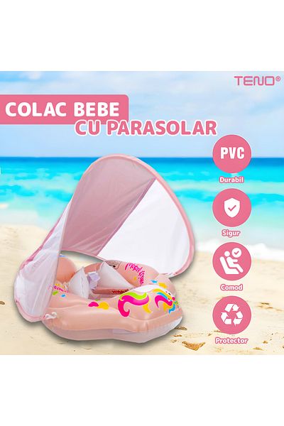Teno Teno® Baby Swim Ring with Sunshade, tummy support, pump included, pink