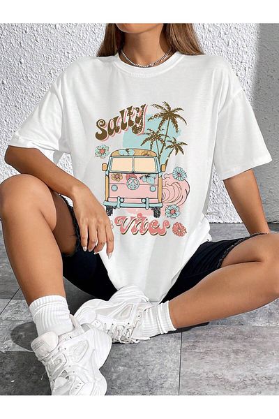 aynewmoda Car and Letter Print Off-Shoulder Short Sleeve Round Neck T-Shirt for Women