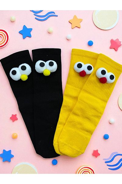 MODA Pack of 2 Yellow and Black Fun Socks with Wheel Eyes