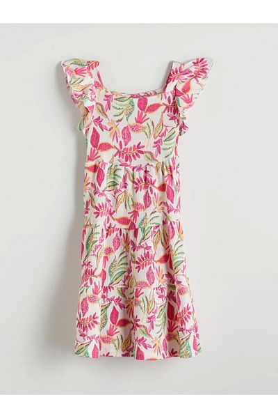 LC Waikiki Kids Ecru Floral Patterned Square Neck Girl's Dress