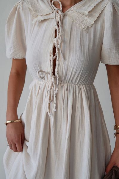 VAGGON Women's Cream Baby Collar Tie-Up Muslin Dress Vs00672